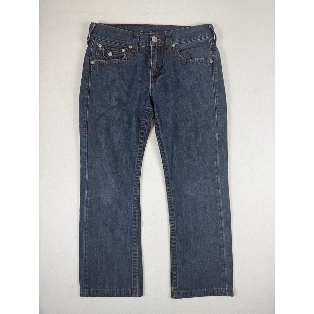 True Religion Straight Leg Jeans Mens 30x25 Blue Dark Wash Red Stitch USA Made